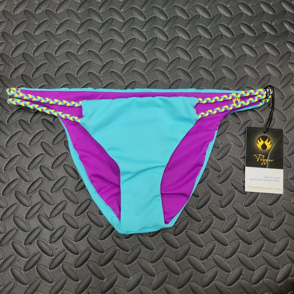 Pepper Swimwear Bikini Bottoms Small Reversible Purple Blue Braided NWT